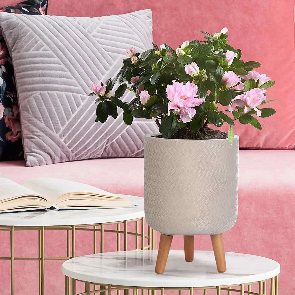 Plaited Cylinder Plant Pot with Legs - Beige