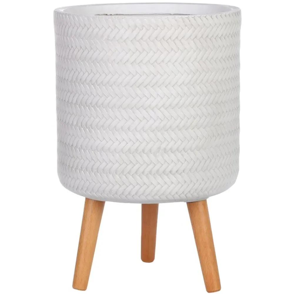 Plaited Cylinder Plant Pot with Legs - White, Fibre