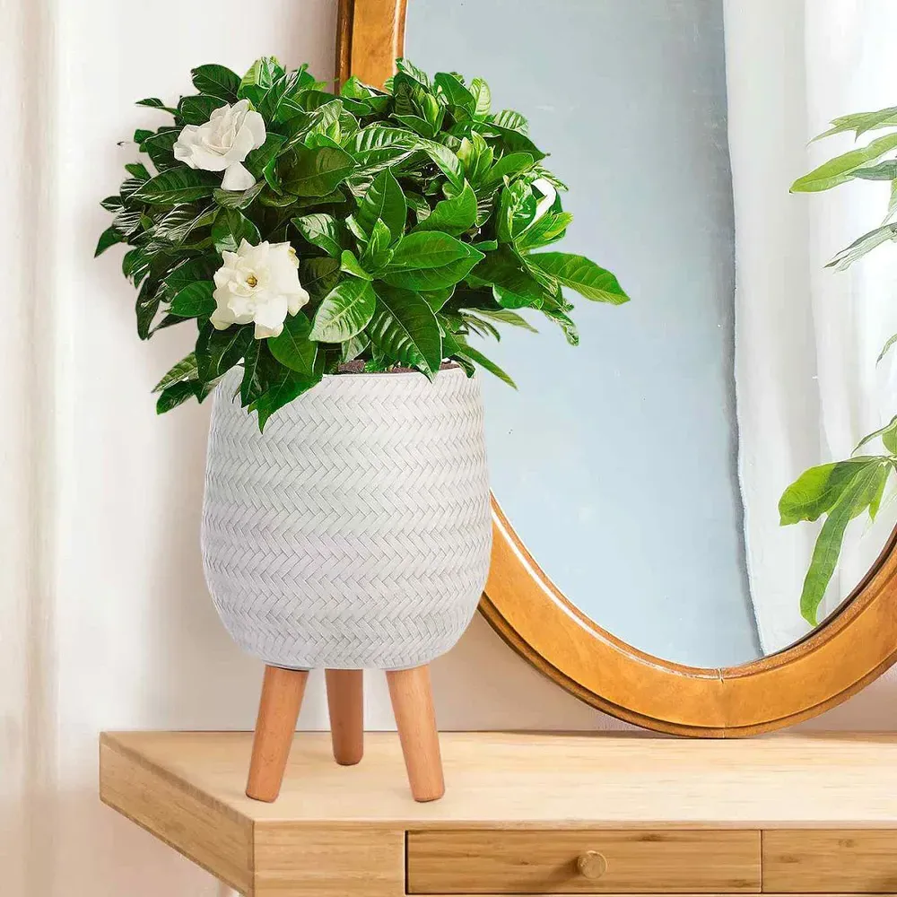 Plaited Style Round Indoor Planter with Legs - White