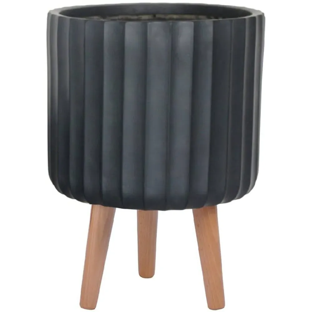 Ribbed Cylinder Plant Pot with Legs - Black
