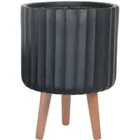 Ribbed Cylinder Plant Pot with Legs - Black