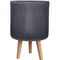 Ribbed Cylinder Plant Pot with Legs - Black