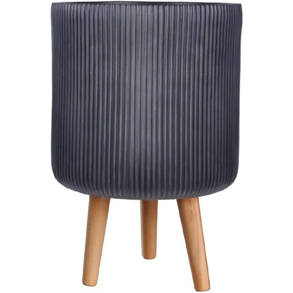 Ribbed Cylinder Plant Pot with Legs - Black