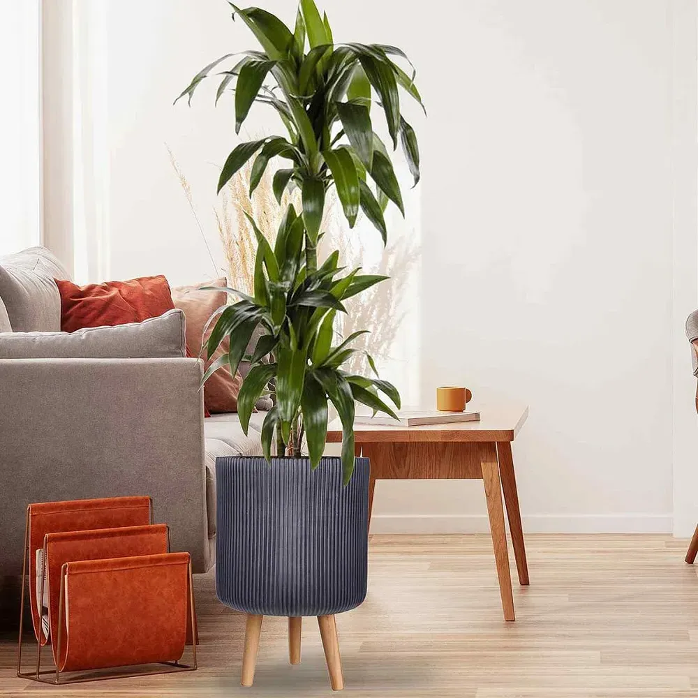 Ribbed Cylinder Plant Pot with Legs - Black