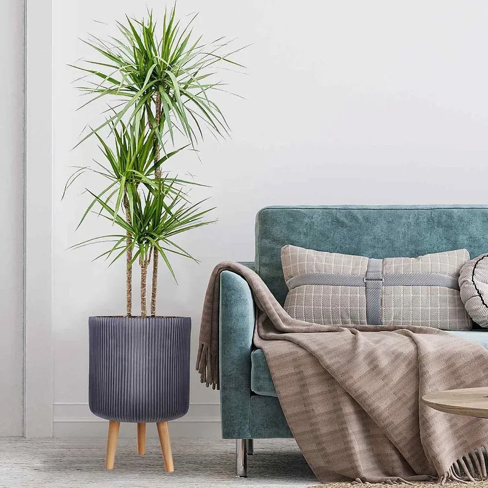 Ribbed Cylinder Plant Pot with Legs - Black