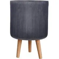 Ribbed Cylinder Plant Pot with Legs - Black