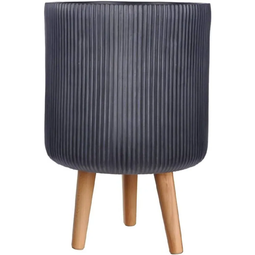 Ribbed Cylinder Plant Pot with Legs - Black