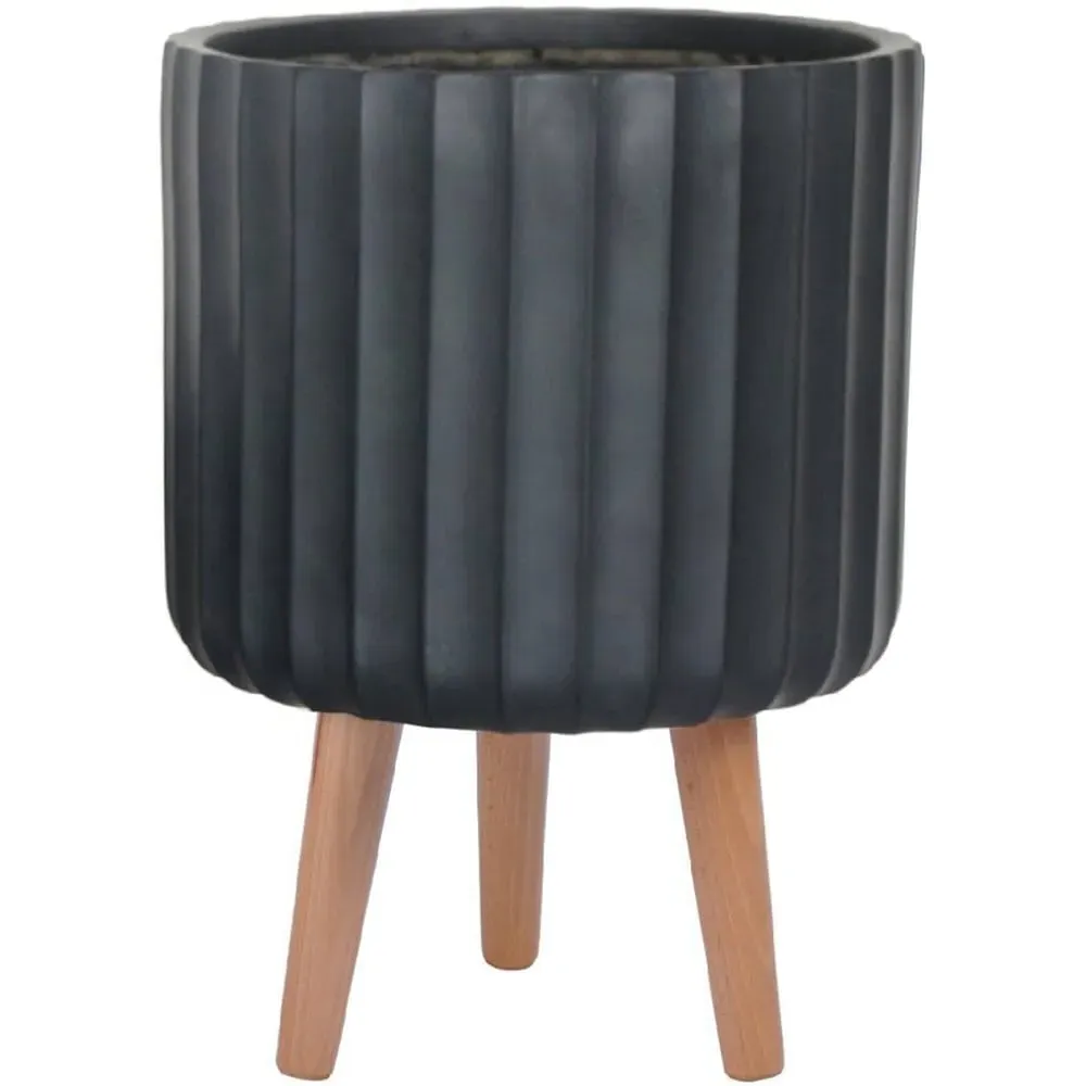 Ribbed Cylinder Plant Pot with Legs - Black image