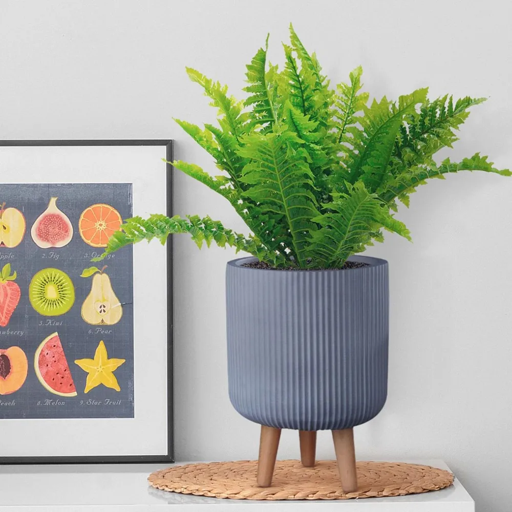 Ribbed Cylinder Plant Pot with Legs - Grey, Fibre Stone