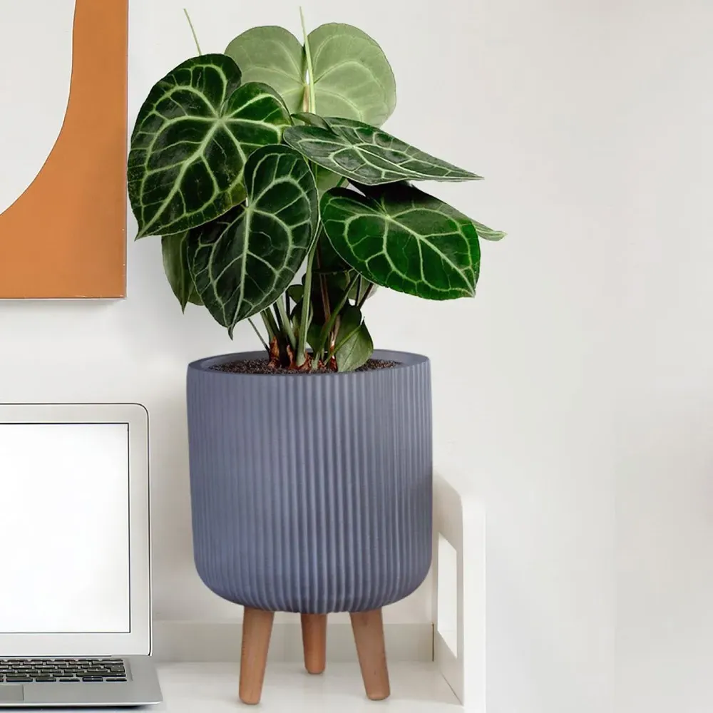 Ribbed Cylinder Plant Pot with Legs - Grey, Fibre Stone