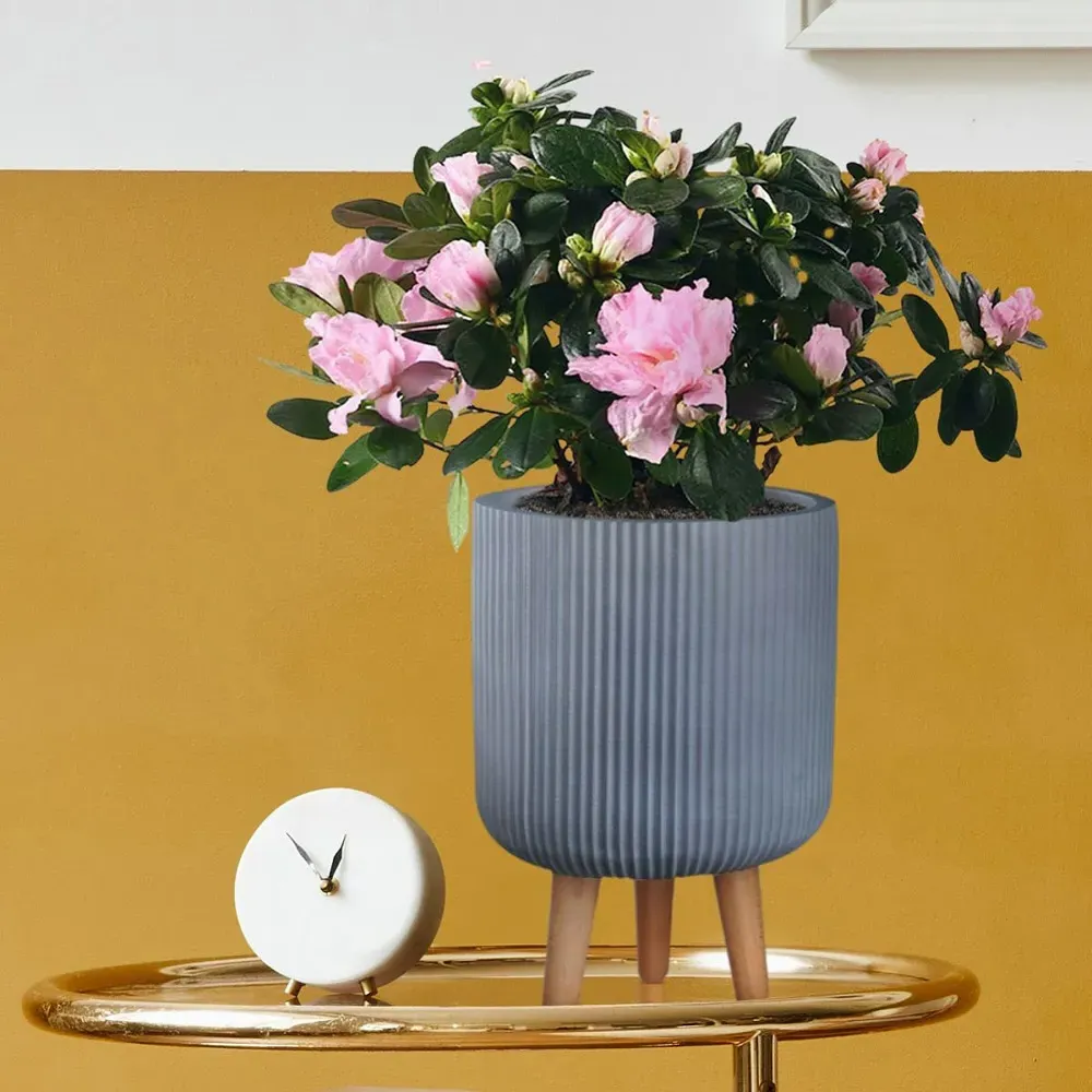 Ribbed Cylinder Plant Pot with Legs - Grey, Fibre Stone