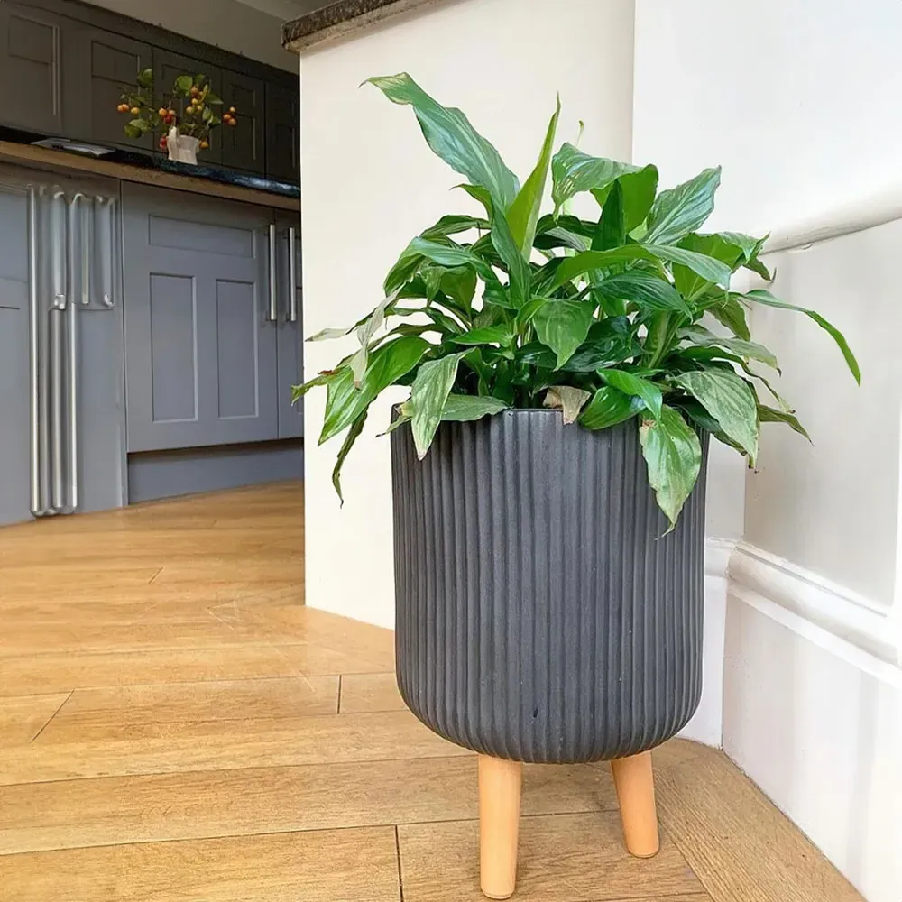 Ribbed Cylinder Plant Pot with Legs - Grey, Fibre Stone