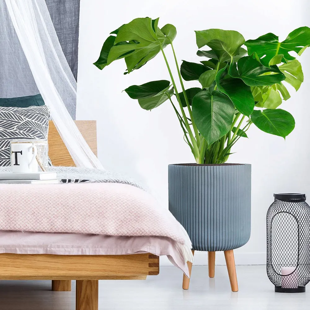 Ribbed Cylinder Plant Pot with Legs - Grey, Fibre Stone