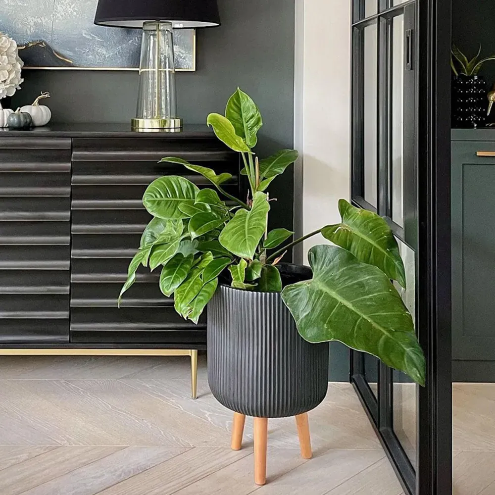 Ribbed Cylinder Plant Pot with Legs - Grey, Fibre Stone