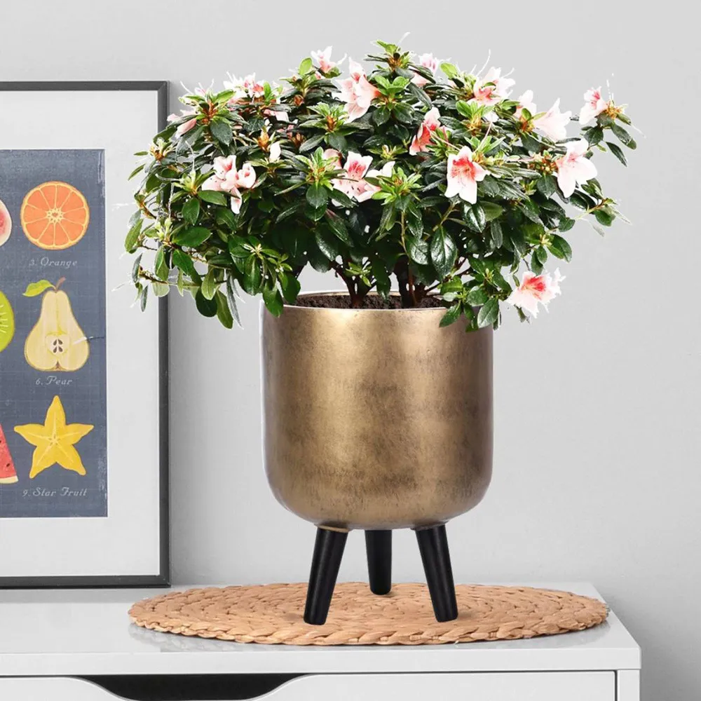 Round Indoor Planter with Legs - Gold, Fibre Stone