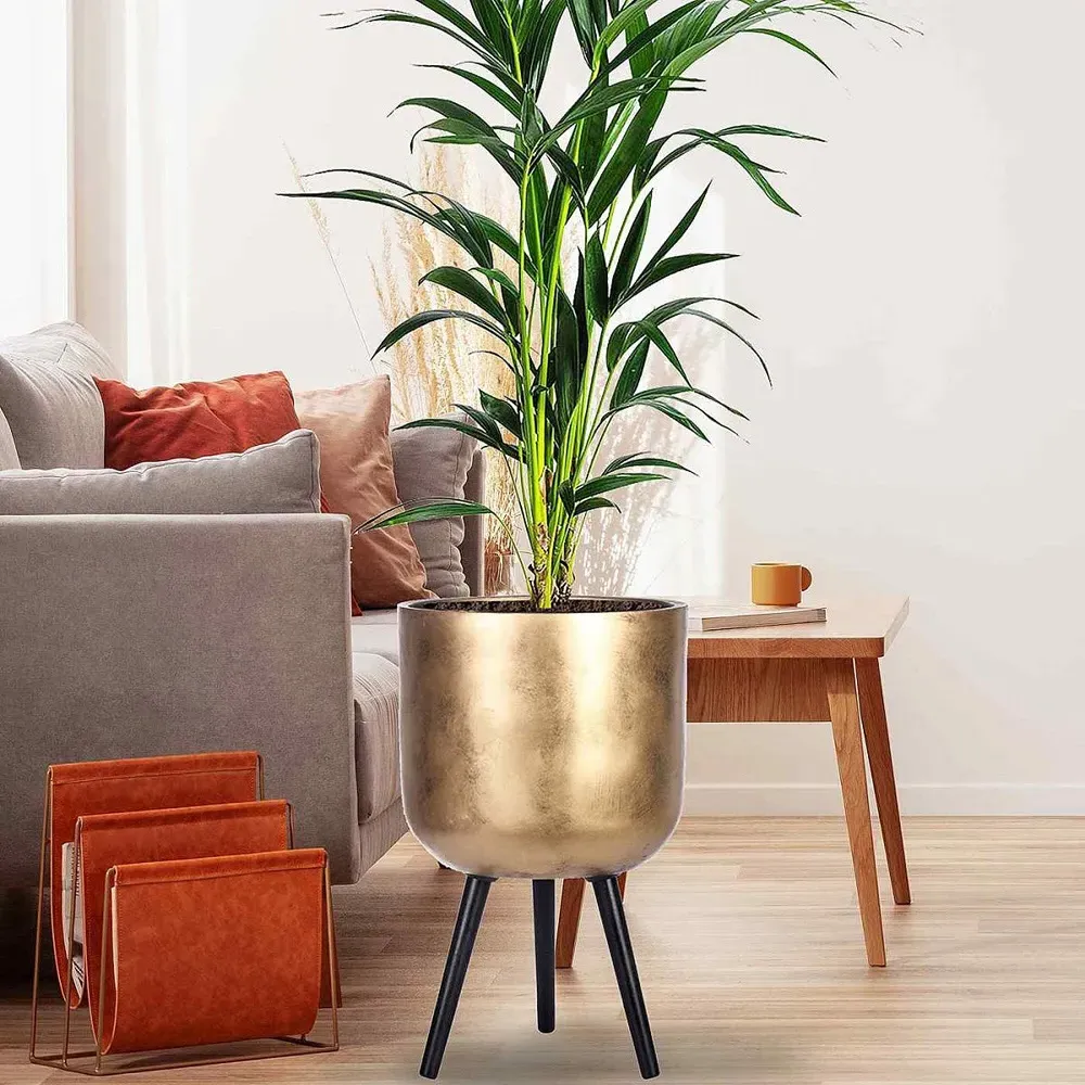 Round Indoor Planter with Legs - Gold, Fibre Stone