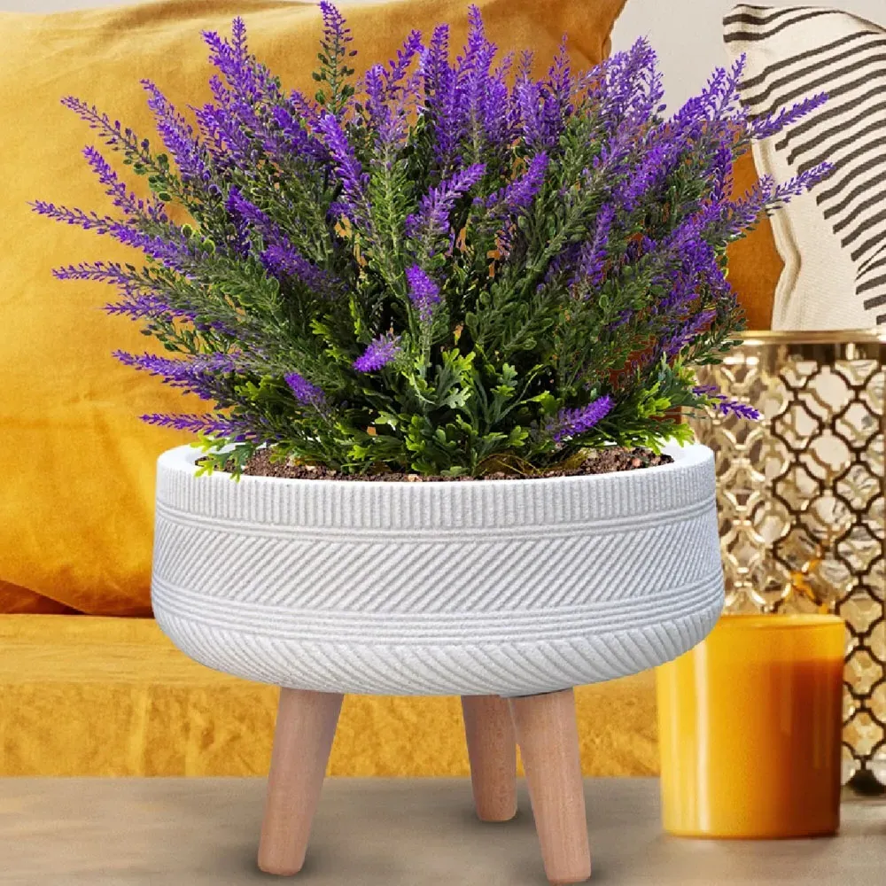 Striped Round Indoor Planter on Legs - White