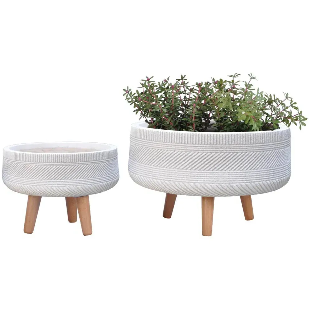 Striped Round Indoor Planter on Legs - White