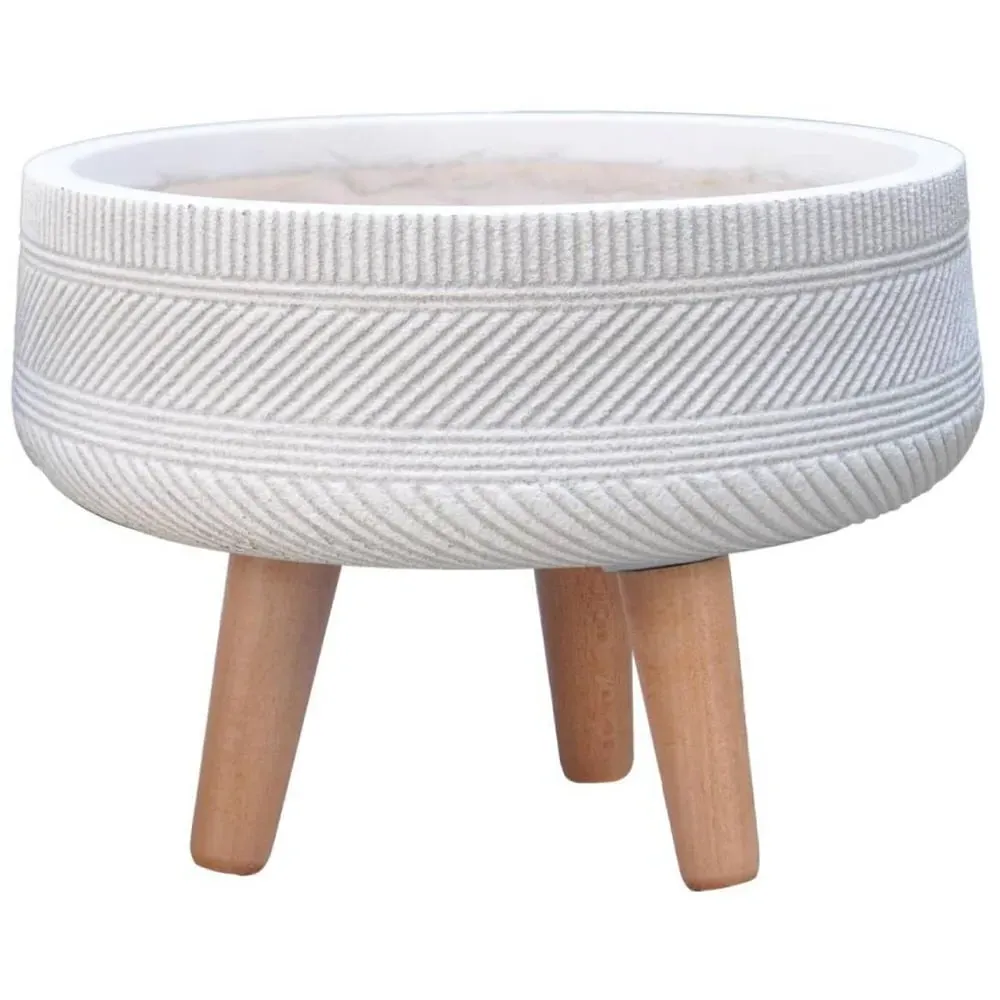 Striped Round Indoor Planter on Legs - White image