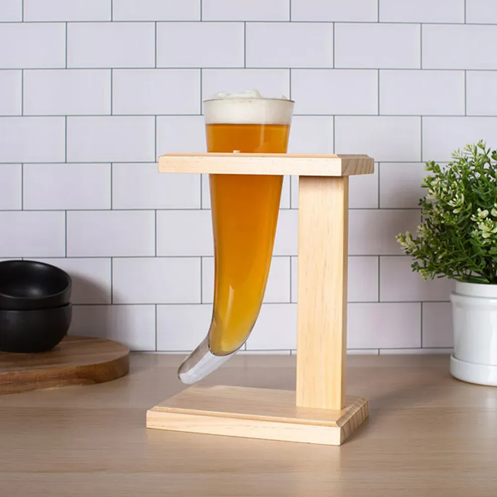 Viking Horn Glass with Wood Stand - Clear