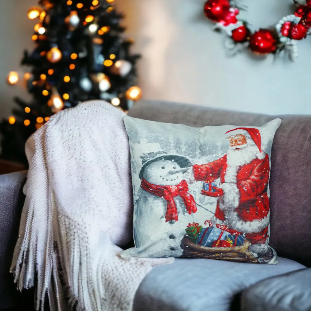 Christmas Santa and Snowman Design Cushion - Multi, Linen