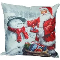 Christmas Santa and Snowman Design Cushion - Multi, Linen