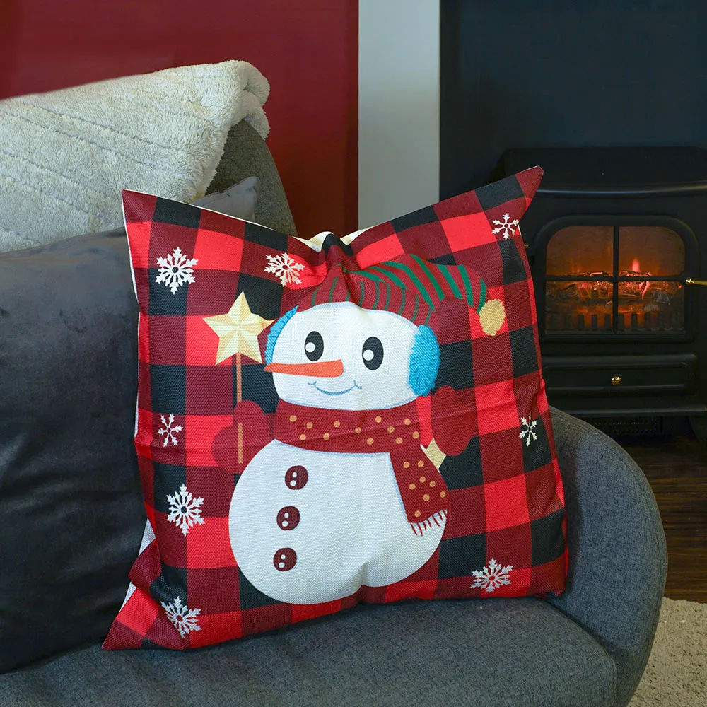 Christmas-Themed Red Check Snowman Cushion - Multi
