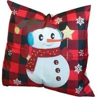 Christmas-Themed Red Check Snowman Cushion - Multi
