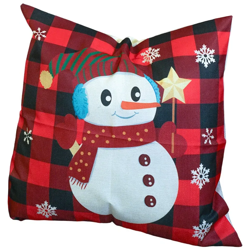 Christmas-Themed Red Check Snowman Cushion - Multi