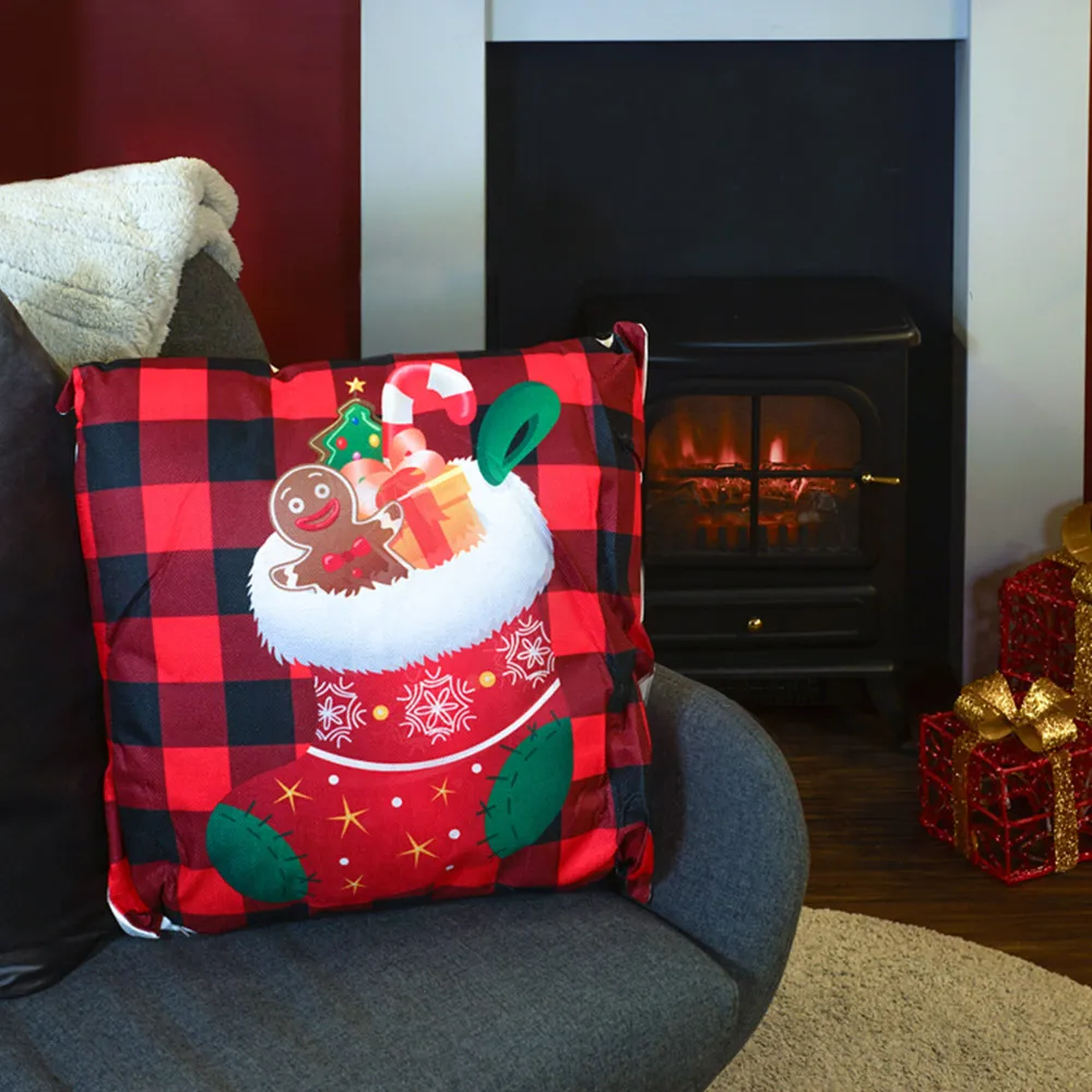 Christmas-Themed Red Check Stocking Cushion - Multi