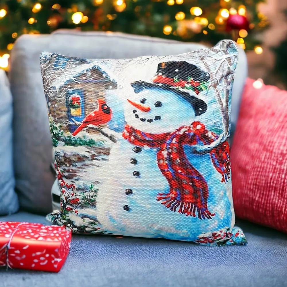 Christmas-Themed Snowman Outside House Cushion - Multi