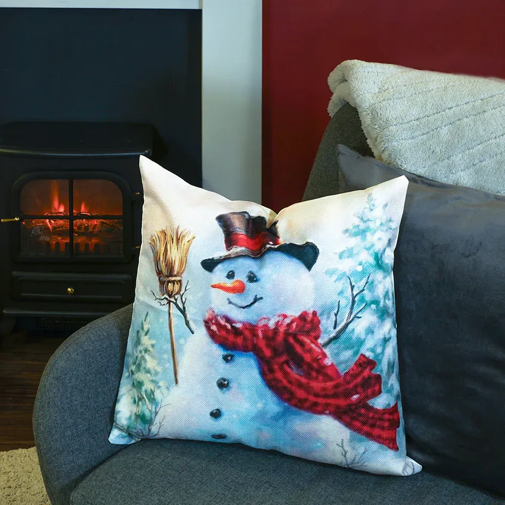 Snowman with Brush Christmas Cushion - Multi, Linen