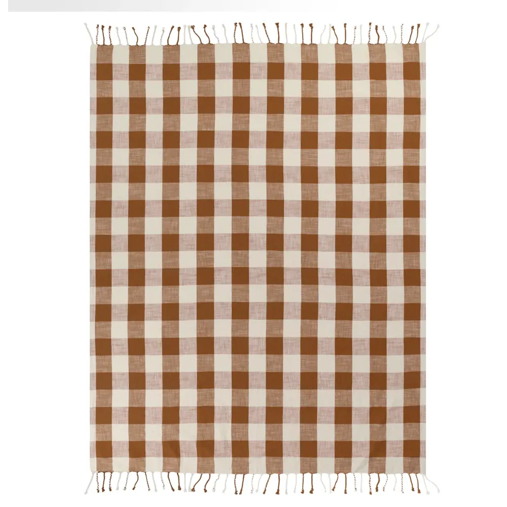Chesil Check Tasselled Cotton Throw - Orange