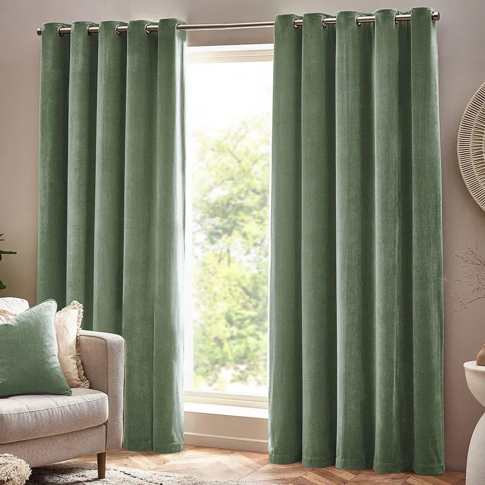 Heavy Chenille Velvet Eyelet Curtains - Green image