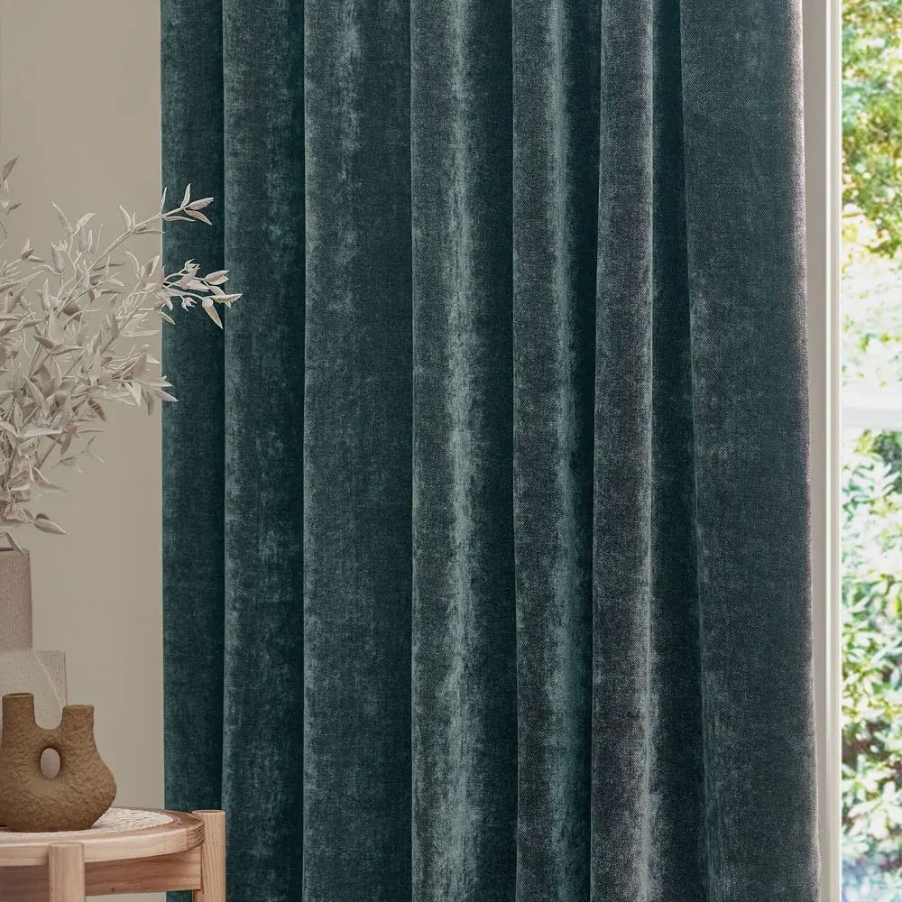 Heavy Chenille Velvet Pencil Pleat Curtains - Blue