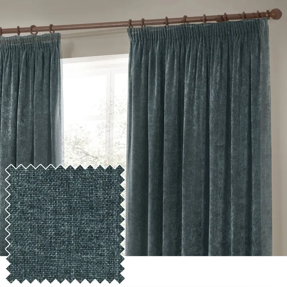 Heavy Chenille Velvet Pencil Pleat Curtains - Blue