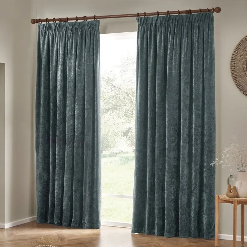 Heavy Chenille Velvet Pencil Pleat Curtains - Blue