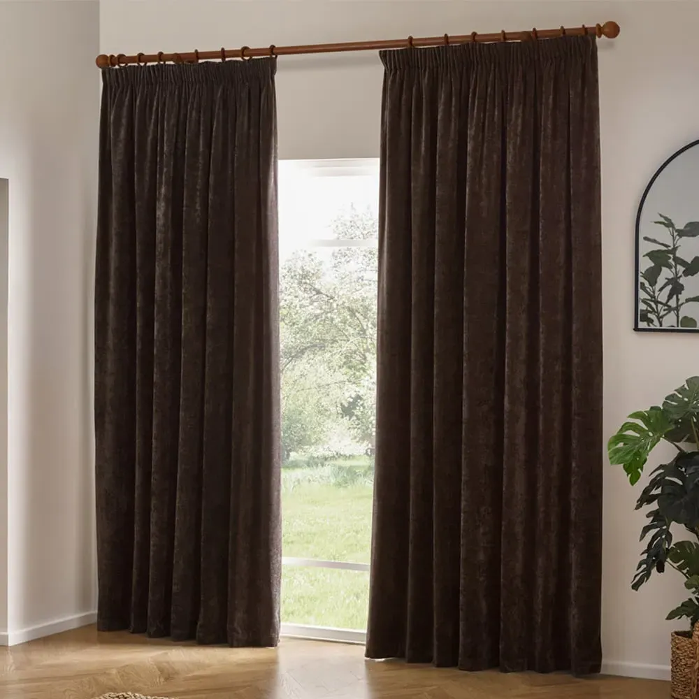 Heavy Chenille Velvet Pencil Pleat Curtains - Brown image
