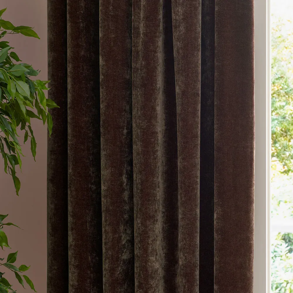 Heavy Chenille Velvet Pencil Pleat Curtains - Brown