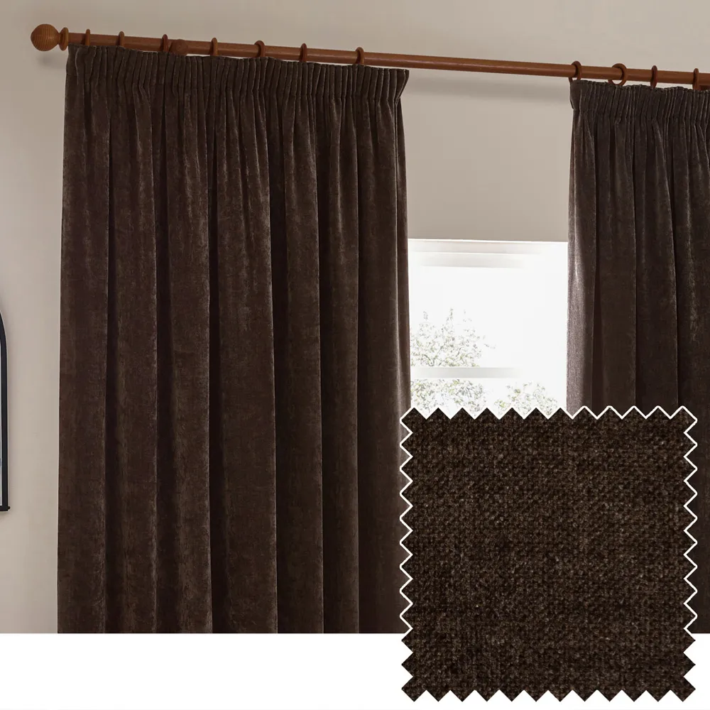 Heavy Chenille Velvet Pencil Pleat Curtains - Brown