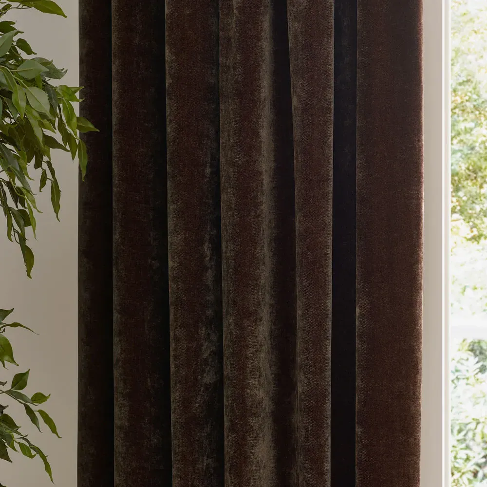 Heavy Chenille Velvet Pencil Pleat Curtains - Brown