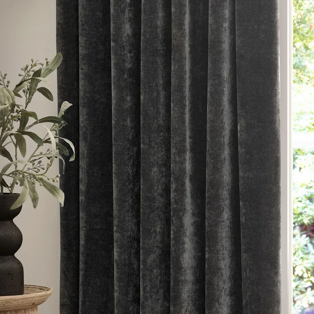 Heavy Chenille Velvet Pencil Pleat Curtains - Charcoal