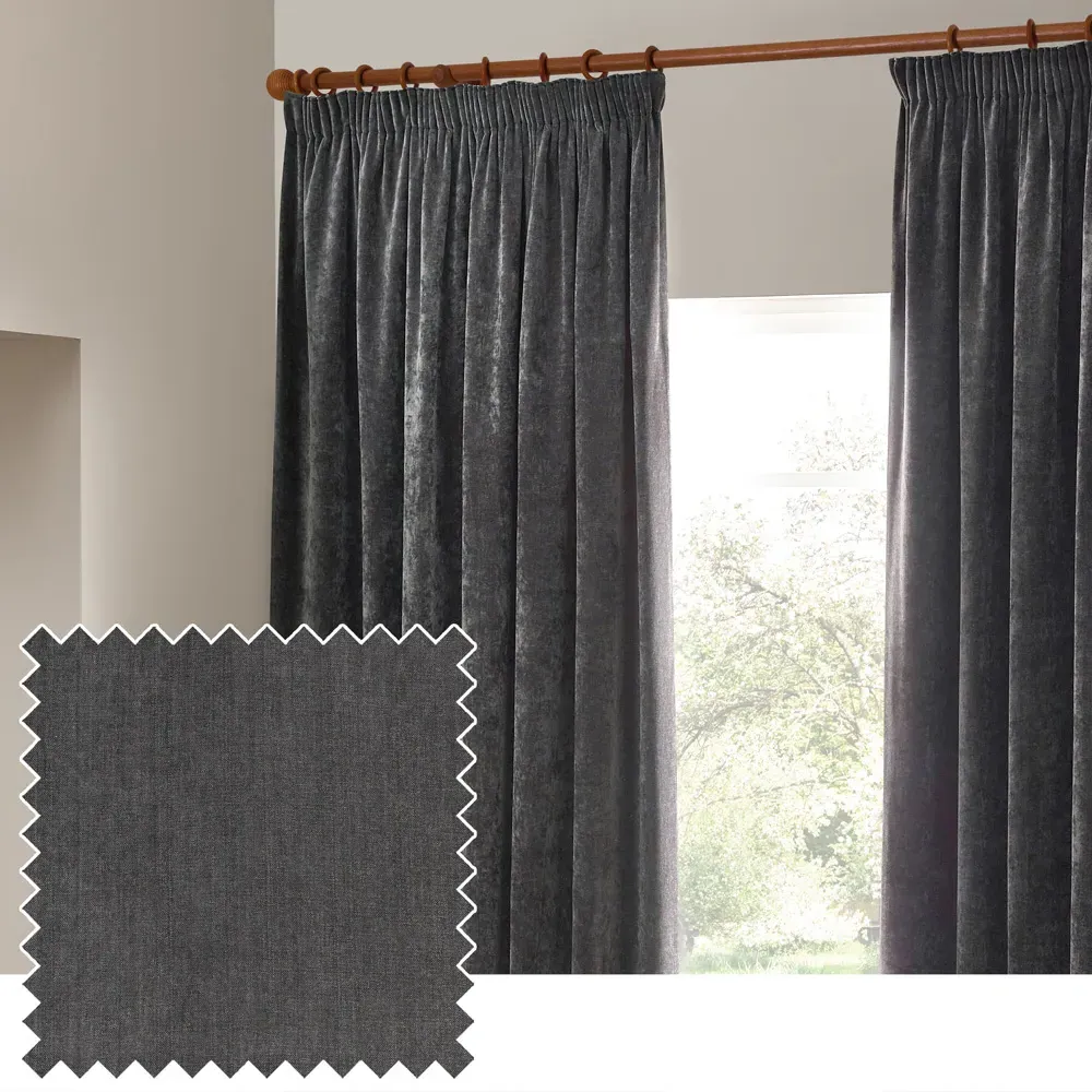 Heavy Chenille Velvet Pencil Pleat Curtains - Charcoal