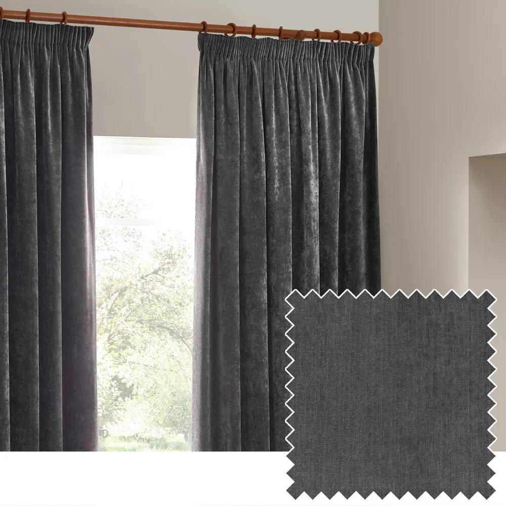 Heavy Chenille Velvet Pencil Pleat Curtains - Charcoal