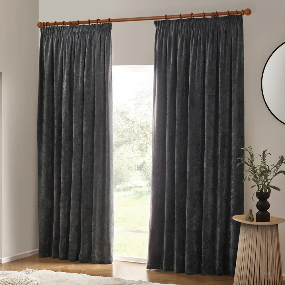 Heavy Chenille Velvet Pencil Pleat Curtains - Charcoal