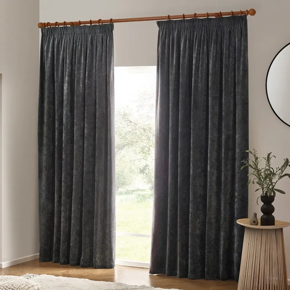 Heavy Chenille Velvet Pencil Pleat Curtains - Charcoal image
