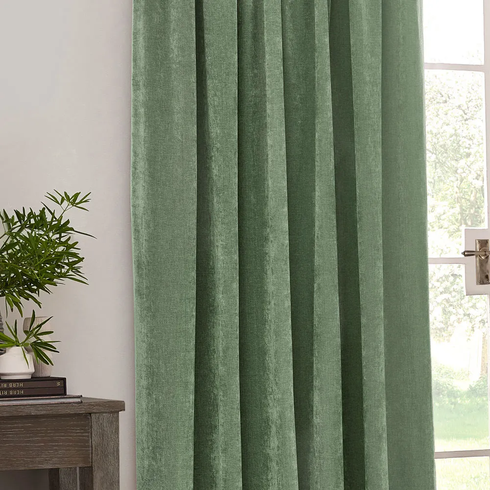 Heavy Chenille Velvet Pencil Pleat Curtains - Green