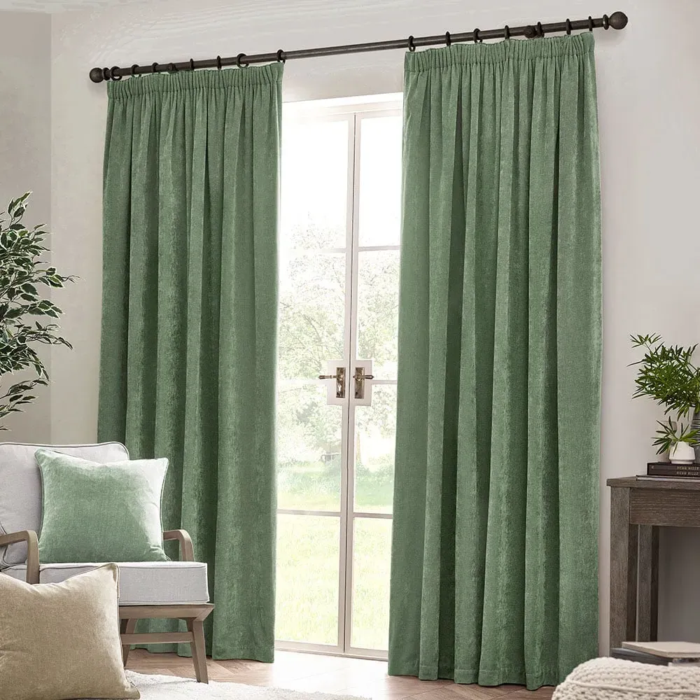 Heavy Chenille Velvet Pencil Pleat Curtains - Green