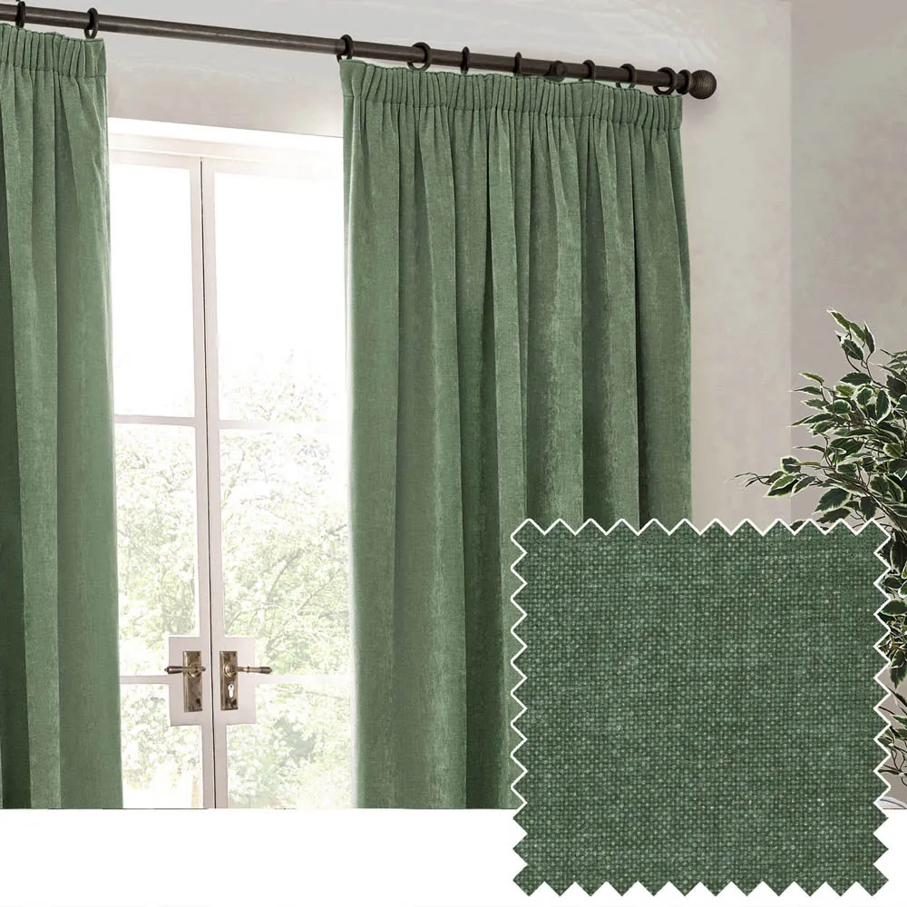 Heavy Chenille Velvet Pencil Pleat Curtains - Green
