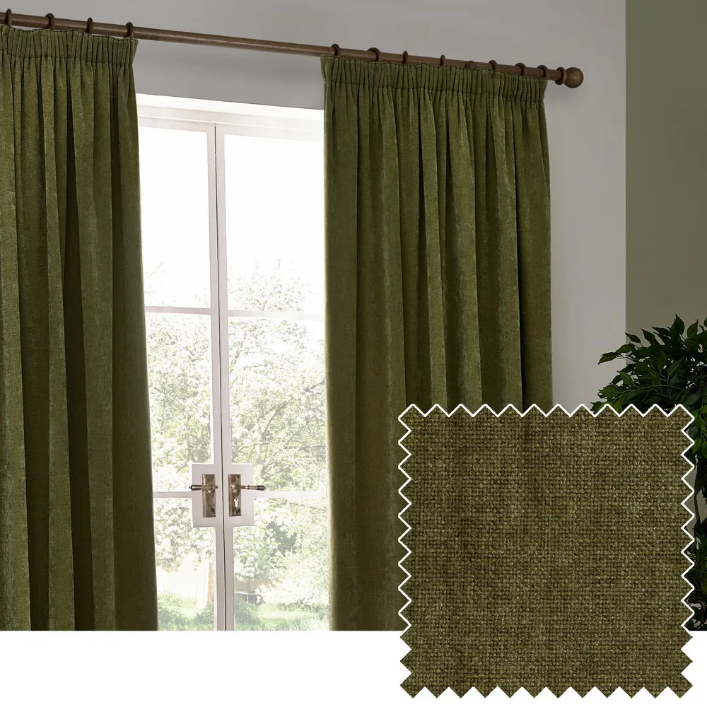 Heavy Chenille Velvet Pencil Pleat Curtains - Green